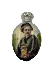 Edwardian Antique Hand Painted Perfume Bottle Silver Top Japanese Geisha Girl