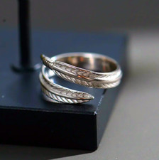 Vintage Feather 925 Sterling Silver Adjustable Ring Womens Men Jewellery Gift UK