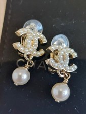 Chanel CC Pearl Detail Gold Colour Clip On Dangle Drop Earrings NEW UNWORN
