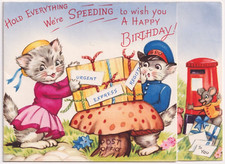 Vintage Birthday Card Anthropomorphic Cats GPO Postman Package Letters Mouse