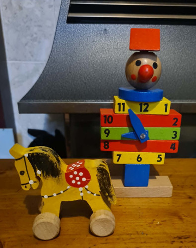 Vintage wooden toy clock and - wooden,