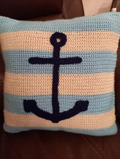 HANDMADE  CROCHET ANCHOR BLUE CREAM CUSHION - 17" X 17" 