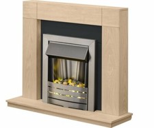 ELECTRIC FIRE OAK FIREPLACE SURROUND BLACK HEARTH BRUSHED STEEL PEBBLES BNIB