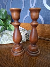 Pair Of Vintage Wooden Turned Langswood Picton N Z Candle Holders Brass Insert