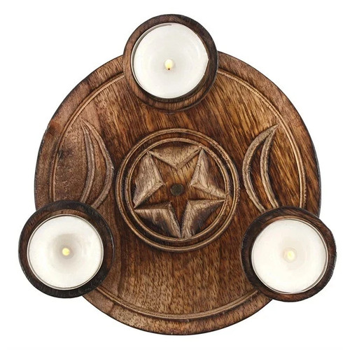 Triple moon wooden tealight - wooden,