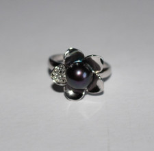 STERLING SILVER 925 Gemporia Black Real PEARL Flower RING Size R/S