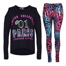 Girls Top #01 Paris Print Black Top & Multi Leoaprd Legging Outfit Clothing Sets