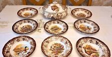 WORCESTER / PALISSY GAME SERIES LIDDED SOUP TUREEN AND 8 X LARGE RIMMED BOWLS