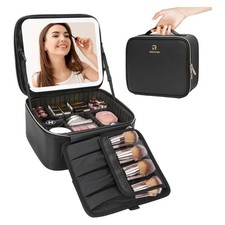 Travel Makeup Bag with LED Mirror Vanity Case with 3 Color Light Modes