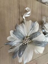 4 X 34cm Feathered Flower Christmas Tree Hanging Decoration , White Grey Silver