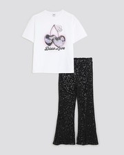 River Island Girls 2 Piece Set Black Sequin T-Shirt & Trousers Cherry Graphic