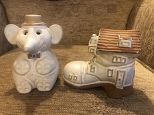 VINTAGE SHELF POTTERY HALIFAX STONEWARE ELEPHANT AND SHOE HOUSE MONEY BOXES
