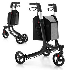 Three Wheel Rollator Walker Aluminium Foldable Mobility Aid Walker w/Handle