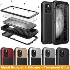 iPhone 11 12 13 14 15 16 17 XS XR 7 8 SE Waterproof Metal Case + Screen Glass