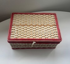 Vintage 1950s 60s  Sewing Basket Box Red White Plastic Woven & Wood