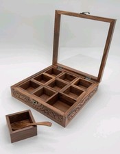 Handcrafted Wooden Spice Box - Masala Storage With Spoon Transparent Lid