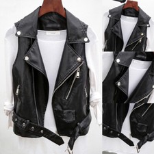 Womens Faux Leather Waistcoat Gilet Biker Sleeveless Jacket Ladies Vintage Coats