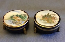 Pair Small Antique Meiji Japanese Satsuma Trinket Boxes - Hand Painted  - Signed