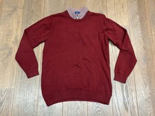 Men’s Cotton Traders Mock Shirt Neck Jumper - Wine Red + Check - Size XL
