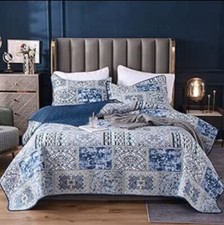 Qucover King Size Bedspreads - Soft Cotton Microfiber Blue Patchwork Quilt 230x2