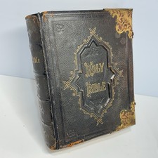 Family BIBLE XL Size Mid Victorian Leather Bound Plates & Maps Clasps & Corners