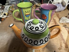 Whittard Tea set, Handpainted Striped Teapot & Two Mugs