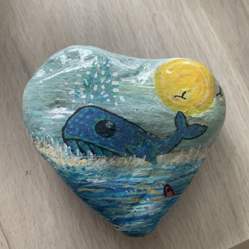 Pebble hand painted - hand, whale