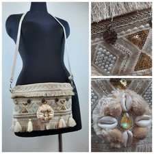 Boho Cross Body Bag Shoulder Handbag Cream Biege Crochet Embroidered Beaded