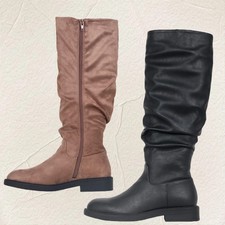 Womens ladies calf mid heel flat zip stretch gusset riding knee casual boots