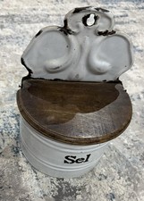 French Vintage Enamel Cookware Salt ‘Sel’ Box Wooden Lid Wall Hanging