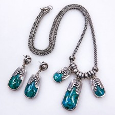 Vtg Joyas Vivac Peru 950 Silver Chrysocolla Necklace Earrings Art Nouveau Style