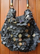 Biba Black Soft Leather Boho Gold Logo Coin Vintage Shoulder Statement Bag RARE