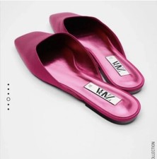 Zara Fuschia Pink Satin Square Toe Flat Mules Sandals EU41/US10 NWT
