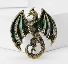 Vintage Flying Dragon Brooch Gold And Green Badge Retro Gift Enamel Antique