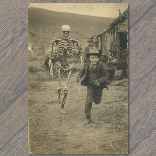 Postcard boy running skeleton - postcard,
