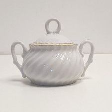 MONNO Porcelain Sugar Bowl with Lid White with Gold Trim Twin Handles Vintage