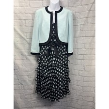 CONDICI Shift Dress Bolero Set Black White & Blue Polka Dot Size 12 Poly & Silk