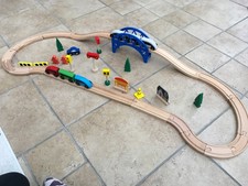 Wooden Train Track Set, trains, trucks, bridge, buildings, signs. BRIO/ELC
