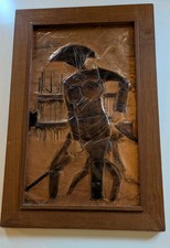 Vintage Mid Century Hammered Copper Framed Relief Plaque Wall Art MCM Teak 60s