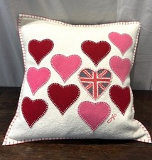 JAN CONSTANTINE UNION JACK / HEARTS CUSHION PINK RED- RARE (white)