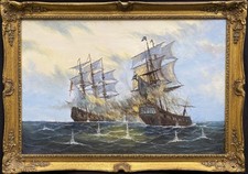 Under Fire!! Large Superb Vintage Naval Battle Seascape Oil on Canvas Painting