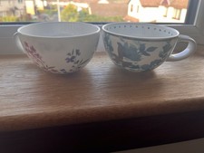 Pair Bone China Mugs, Portobello By Inspire, floral/ birds , Pink & Blue & Gold 