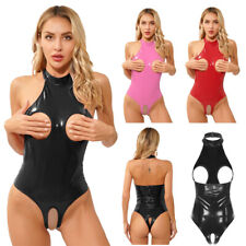 UK Women Shiny Leather Bodysuit Open Bust Crotchless Leotard Catsuit Lingerie
