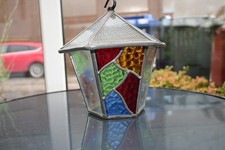ANTIQUE / VINTAGE LEADED & STAINED GLASS LANTERN LAMP SHADE CEILING PORCH SHADE.