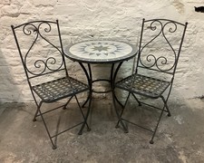 VINTAGE METAL & MOSIAC GARDEN TABLE & 2 CHAIRS BISTRO SET
