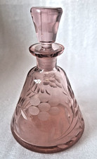 Stunning Art Deco Hand Cut Glass Pink Etched Perfume Bottle With Stopper c1930