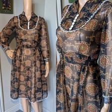 Vintage 70s Crochet Bib Floral Sheer Belted Midi Dress Mod Boho 8 10 36