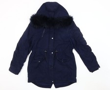 Marks and Spencer Girls Blue Parka 13-14Y Faux Fur Hood Winter Coat