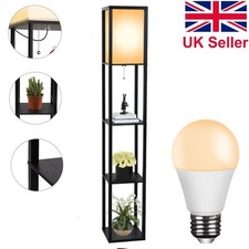 Wooden Floor Lamp with 4-tier Open Shelves Display Modern LED Standing Light