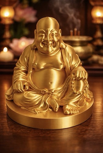Gold silk pla laughing buddha - silk,